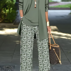 Women Abstract Printing Matching Outfit Daily Long Sleeve Casual Spring/Fall Multi-Piece Set Matching Set, JustFashionNow Suit Set, color:Green|size:XXL
