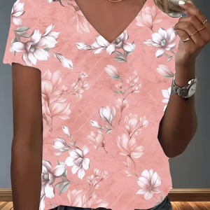 Women Floral Short Sleeve Tee T-shirt V Neck Printing Vintage Summer Top, JustFashionNow T-Shirts, color:Pink|size:4XL