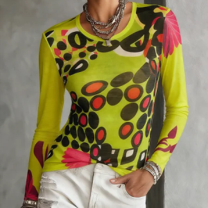 Casual Abstract Polka Dot High-Stretch Long Sleeve Tee, Tees, color:Green|size:XXL, Stylewe
