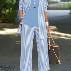 Women Striped Printing Matching Outfit Daily Long Sleeve Casual Spring/Fall Multi-Piece Set Matching Set, JustFashionNow Suit Set, color:Blue|size:XXL