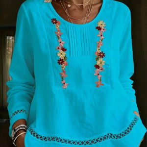 Women Floral Crew Neck Long Sleeve Shirt Embroidery Casual Daily Spring/Fall Top, JustFashionNow Blouses, color:Blue|size:XXL