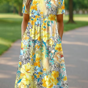 Women Floral Short Sleeve Crew Neck Printing Dress Daily Casual Maxi Shift Dress H-Line Summer Dress, JustFashionNow Casual Dresses, color:Yellow|size:5XL