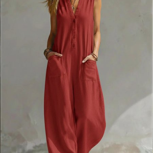 Women Plain V Neck Sleeveless Casual Summer Jumpsuit, JustFashionNow Jumpsuits＆Rompers, color:Red|size:3XL