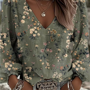 Women Floral V Neck Long Sleeve Blouse Printing Casual Daily Spring/Fall Top, JustFashionNow Blouses, color:Green|size:4XL