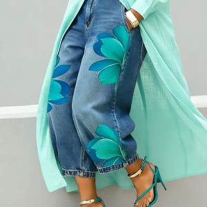 Casual Zipper Loose Bloomers Ankle Pants O-Line Daily Trousers, Jeans, color:Cyan|size:XXL, Stylewe