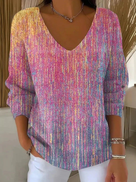 Women Abstract Long Sleeve Tee T-shirt V Neck Printing Casual Spring/Fall Top, JustFashionNow T-Shirts, color:Purple|size:4XL