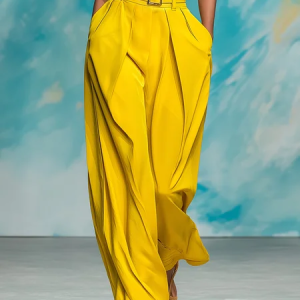 Urban Plain Wide Leg Pants With Belt, Pants, color:Yellow|size:XXL, Stylewe
