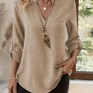 Women Plain Three Quarter Sleeve Shirt Spring/Fall Split Joint V Neck Daily Casual Top, JustFashionNow Blouses, color:Khaki|size:XXL