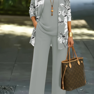 Women Floral Printing Matching Outfit Daily Long Sleeve Casual Spring/Fall Multi-Piece Set Matching Set, JustFashionNow Suit Set, color:Gray|size:XXL