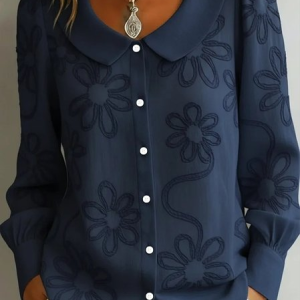 Women Floral Crew Neck Long Sleeve Shirt Casual Daily Spring/Fall Top, JustFashionNow Blouses, color:Navyblue|size:3XL