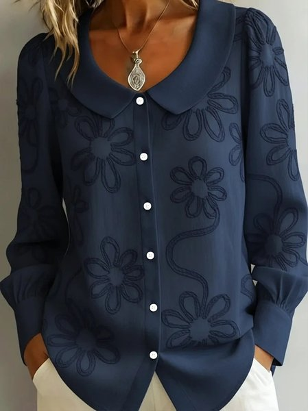 Women Floral Crew Neck Long Sleeve Shirt Casual Daily Spring/Fall Top, JustFashionNow Blouses, color:Navyblue|size:3XL