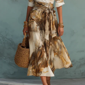 Casual Random Print Midi Skirt With Belt, Skirts, color:As Picture|size:XXL, Stylewe