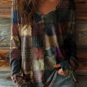 Women Abstract Long Sleeve Tee T-shirt V Neck Printing Casual Graphic Tee Spring/Fall Top, JustFashionNow T-Shirts, color:As Picture|size:XXL