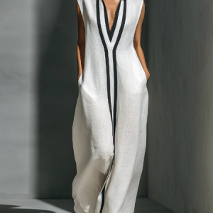 Cotton And Linen Casual Color Block Stand Collar Jumpsuit, Jumpsuits, color:White|size:XXL, Stylewe