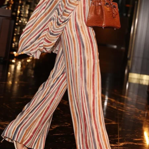 Vacation Striped Printing Wide Leg Pants, Pants, color:As Picture|size:XXL, Stylewe