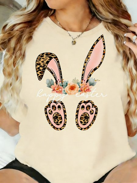 Women Easter (rabbit) Short Sleeve Tee T-shirt Crew Neck Casual Summer Top, JustFashionNow T-Shirts, color:Apricot|size:5XL