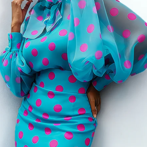 Elegant Polka Dot Balloon Sleeve Blouse Crew Neck Summer Top, Blouses and Shirts, color:As Picture|size:XXL, Stylewe