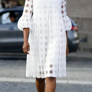 Elegant Plain Notched Knee Length Dress, Midi Dresses, color:White|size:XXL, Stylewe