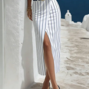Urban Slit Striped Midi Skirt With Belt, Skirts, color:Stripe|size:XXL, Stylewe
