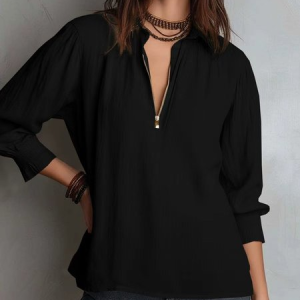 Women Plain Shawl Collar Three Quarter Sleeve Shirt Gathered Casual Daily Spring/Fall Top, JustFashionNow Blouses, color:Black|size:XXL