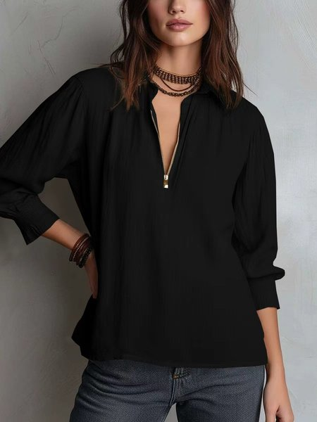 Women Plain Shawl Collar Three Quarter Sleeve Shirt Gathered Casual Daily Spring/Fall Top, JustFashionNow Blouses, color:Black|size:XXL