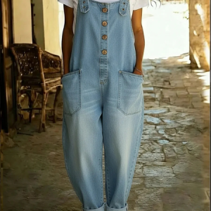 Women Plain Crew Neck Sleeveless Vintage Summer Jumpsuit, JustFashionNow Jumpsuits＆Rompers, color:Light Blue|size:XXL