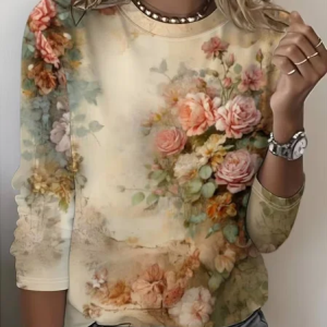 Casual Floral Crew Neck Long Sleeve T-shirt, T-shirts, color:As Picture|size:XXL, catalog Noracora shop