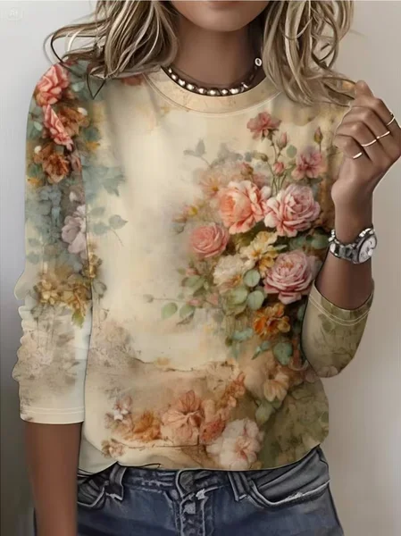 Women Floral Long Sleeve Tee T-shirt Crew Neck Printing Casual Graphic Tee Spring/Fall Top, JustFashionNow T-Shirts, color:As Picture|size:XXL