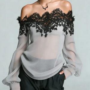 Elegant Color Block Split Joint Cold Shoulder Off Shoulder Sleeve Blouse, Blouses and Shirts, color:Black-grey|size:XXL, Stylewe