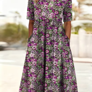 Women Floral Short Sleeve Crew Neck Printing Dress Daily Casual Maxi Shift Dress H-Line Summer Dress, JustFashionNow Casual Dresses, color:Purple|size:5XL