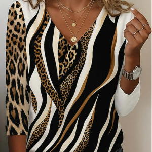 Women Leopard Long Sleeve Tee T-shirt V Neck Printing Casual Graphic Tee Spring/Fall Top, JustFashionNow T-Shirts, color:As Picture|size:XXL