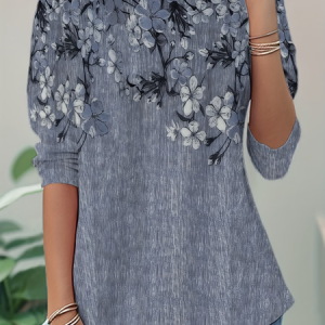Women Floral Long Sleeve Tee T-shirt Crew Neck Casual Tunic Spring/Fall Top, JustFashionNow T-Shirts, color:Gray|size:XXL