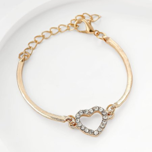Fashionable Heart-shaped Rhinestone-embellished Gold-plated Zinc Alloy Adjustable Bracelet, JustFashionNow Bracelets, color:Golden|size:One-size