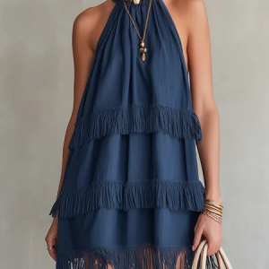 Vacation Plain Tassel Stand Collar Mini Dress, Mini Dresses, color:Royal Blue|size:XXL, Stylewe