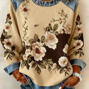 Women Floral Crew Neck Printing Vintage Spring/Fall Long Sleeve Sweatshirt, JustFashionNow Sweatshirts & Hoodies, color:As Picture|size:4XL