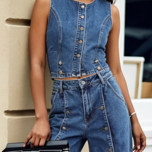 Urban Button Detail Plain Crew Neck Denim Vest, Vests and Gilets, color:Denim Blue|size:XXL, Stylewe