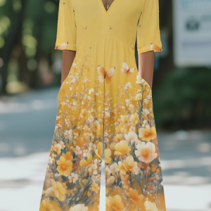Women Floral V Neck Half Sleeve Casual Summer Jumpsuit, JustFashionNow Jumpsuits＆Rompers, color:Yellow|size:4XL