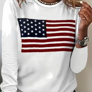 Women America Flag Long Sleeve Tee T-shirt Crew Neck Printing Casual Graphic Tee Spring/Fall Top, JustFashionNow T-Shirts, color:White|size:XXL