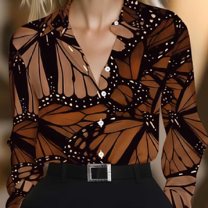 Women Butterfly Shawl Collar Long Sleeve Shirt Casual Daily Spring/Fall Top, JustFashionNow Shirts, color:Brown|size:XXL