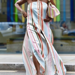 Urban Striped Printing Slit Shirt Collar Maxi Dress, Maxi Dresses, color:As Picture|size:XXL, Stylewe