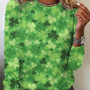 Women Shamrock Long Sleeve Tee T-shirt Crew Neck Printing Casual Graphic Tee Spring/Fall Top, JustFashionNow T-Shirts, color:Green|size:XXL