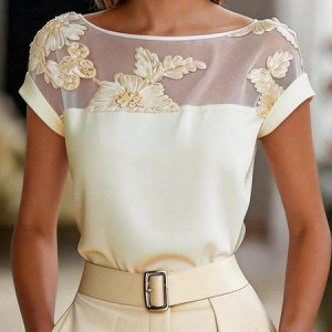 Satin Elegant Plain Crew Neck Mesh Patchwork Blouse, Blouses and Shirts, color:Apricot|size:XXL, Stylewe