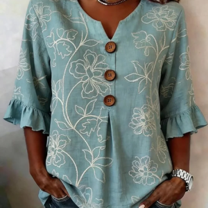 V Neck Half Sleeve Floral Printing Regular Micro-Elasticity Regular Fit Blouse For Women, Blouses, color:Blue|size:5XL, catalog Noracora shop
