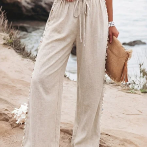 Women Plain Long Elastic Waist Pants Casual Spring/Fall Trousers, JustFashionNow Pants, color:Khaki|size:XL