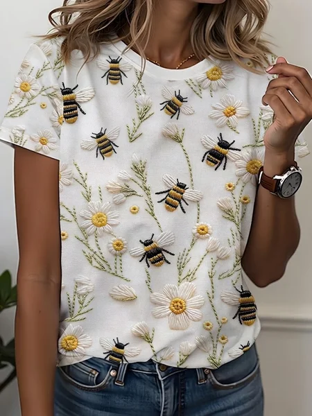 Women Floral Short Sleeve Tee T-shirt Crew Neck Printing Casual Graphic Tee Summer Top, JustFashionNow T-Shirts, color:White|size:XXL - Image 10