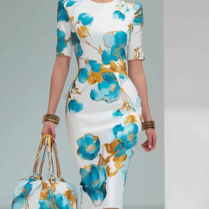 Plus Size Elegant Floral Printing Crew Neck Midi Dress, Plus Dresses, color:Blue|size:4X, Stylewe