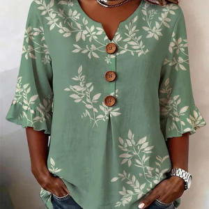 Women Floral V Neck Half Sleeve Blouse Printing Vintage Daily Summer Top, JustFashionNow Blouses, color:Green|size:5XL