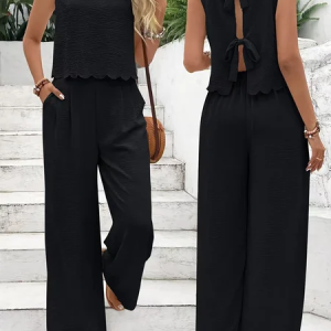 Women Plain Split Joint Two-Piece Set Daily Sleeveless Casual Summer Top With Pants Matching Set, JustFashionNow Suit Set, color:Black|size:XXL