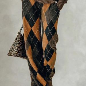 Casual Plaid Sweater Straight Pants, Pants, color:As Picture|size:XXL, Stylewe