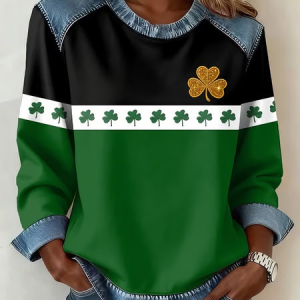 Women Shamrock Crew Neck Printing Vintage Spring/Fall Long Sleeve Sweatshirt, JustFashionNow Sweatshirts & Hoodies, color:Green|size:4XL